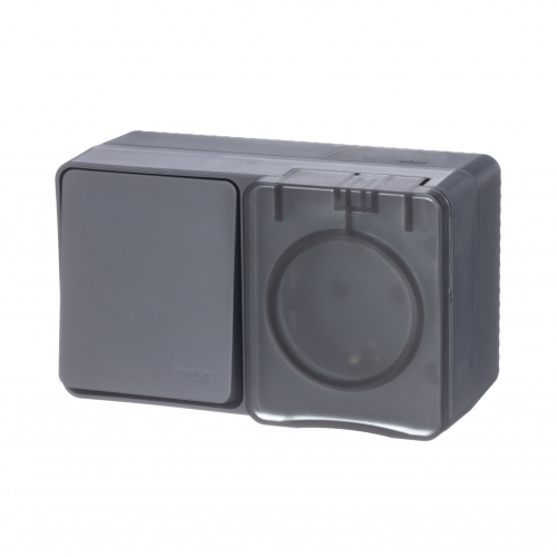 БЛОК 1кл о/п+ розетка з/к со штор. AtlasDesign PROFI IP54 АНТРАЦИТ ATN544070