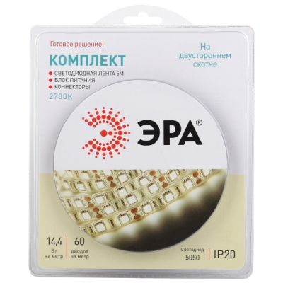 Лента светодиодная ЭРА Комплект с драйвером и коннекторами 5050kit-14,4-60-12-IP20-2700-5m	(042201)